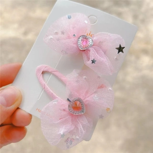 Barrettes à cheveux rose avec nœuds en résille, strass en cœur et paillettes argentées
