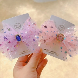 Korean Style Mesh Bow Hair Clip For Girls Colorful Star Print Rhinestone Gemstone Duckbill Clip Sweet Princess Hair Accessories