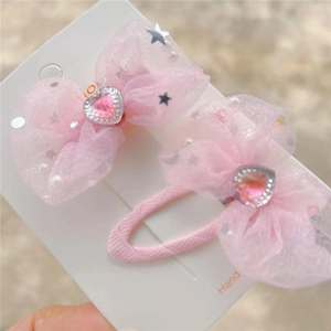 Détails de barrettes à nœuds en résille rose avec strass en cœur et paillettes