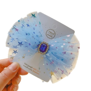 Blue mesh bow hair clip with glitter stars and sapphire rhinestone for girls
