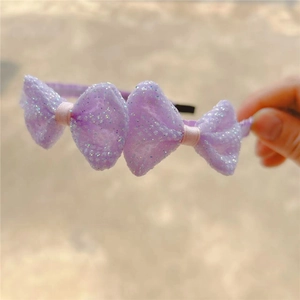 Children's headband with three purple glitter sequin bows for girls' hair styling