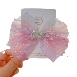 Pink and purple mesh bow hair clip with silver crown for girls on display card