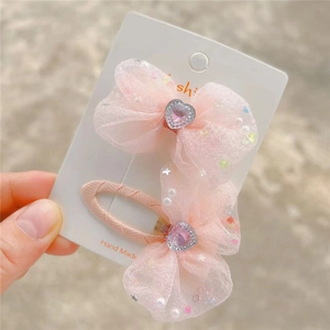 Barrettes à cheveux rose avec nœuds en résille et strass cœur pour filles en lot