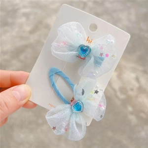 Lot de deux barrettes nœuds en maille bleu clair avec strass cœur pour filles