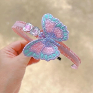 Pink embroidery butterfly headband with heart rhinestones for girls and women