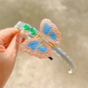 Pink embroidered butterfly headband with heart-shaped gemstones for girls hair styling