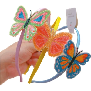 Three-piece set of girls' glitter butterfly headbands in purple, yellow, and blue colors
