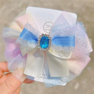 Pince à cheveux nœud en maille dégradée avec pierre bleue et paillettes pour filles