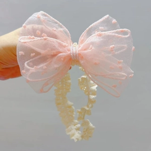 Baby-Stirnband aus Spitze mit rosa Netzschleife und Pompons für Neugeborene