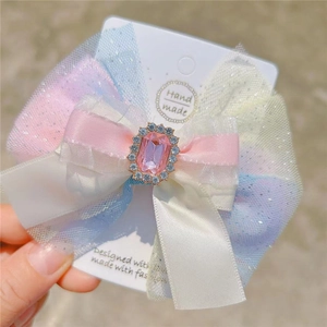 Barrette à cheveux avec nœud en tulle multicouche et gemme rose pour filles