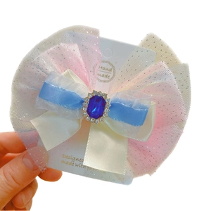 Barrette à cheveux pour fille faite main avec nœud en tulle dégradé et grosse pierre bleue
