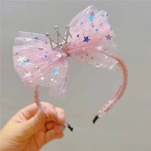 Serre-tête rose pour enfants avec nœud en tulle étoilé et décoration couronne argentée