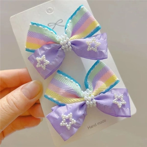 Handmade rainbow striped bow hair clips set with faux pearls for kids and girls