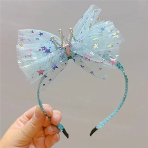 Serre-tête pour fille avec nœud en tulle bleu, étoiles pailletées et petite couronne