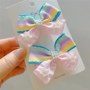 Handmade striped bow hair clips with white faux pearls and star charms for girls