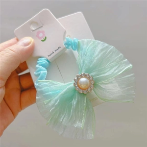 Fairy tulle bow hair tie with pearl rhinestone flower and blue ruffled elastic band