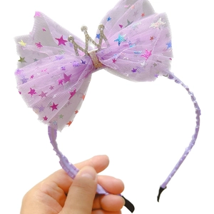 Serre-tête violet pour filles avec grand nœud en tulle, couronne et étoiles colorées