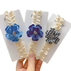Lot de 3 bandeaux pour bébé en dentelle avec fleurs bleues et motif pied-de-poule
