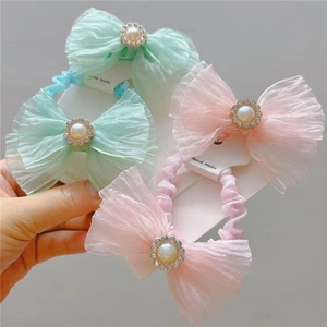 Girls Sweet Mesh Bow Hair Scrunchie Clip Set With Faux Artificial Pearl Rhinestone Elegant Organza Hair Ties Kids Hair Accessories