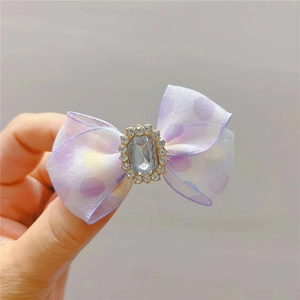 Gros plan sur le nœud papillon à pois lavande avec centre en cristal et strass brillants