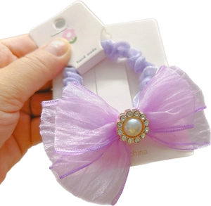 Purple mesh bow scrunchie with faux pearl and rhinestone center for kids high ponytail
