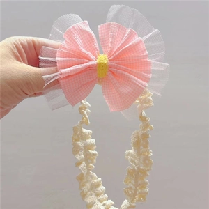 Bandeau bébé avec nœud en maille à carreaux roses et cœur floral jaune pour enfants