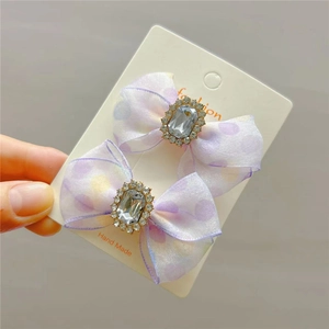 Set de barrettes à nœuds violets à pois avec cristal rectangulaire pour filles