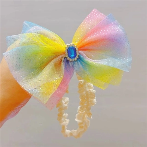 Baby Girl Headband Large Gradient Mesh Bow Sparkling Rhinestone Princess Hairband Soft Elastic Lace Headwear For Infant Party