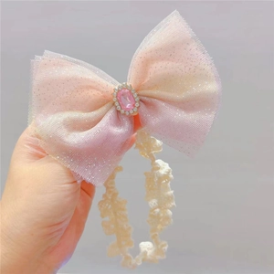 Infant lace headband with gradient pink glitter mesh bow and rhinestone jewel center