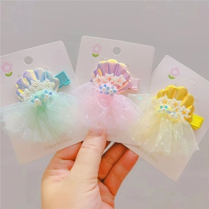 Iridescent Mermaid Shell Hair Clip With Artificial Pearl Star Decor Mesh Tutu For Little Girls Beach Theme Ocean Princess Hairpin