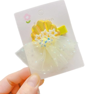Cute ocean theme hair clip with yellow shell, pearl star and mesh bow for kids