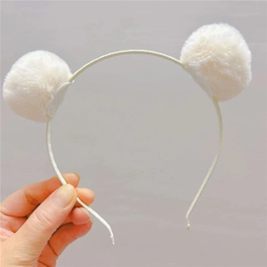 Serre-tête oreilles d'ours mignon pour filles avec pompons blancs moelleux sur cadre doux