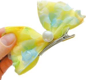 Pince à cheveux nœud mignon en tulle bleu et jaune avec une perle blanche centrale chic