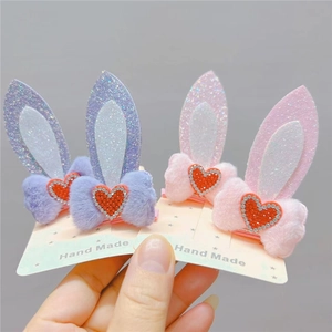 Kids Cute Rabbit Ears Hair Clips Pair Glitter PU Plush Bow Rhinestone Heart Girls Sweet Hair Accessories For Daily Party