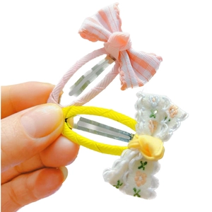 Pair of sweet checkered fabric bow hair clips for girls with embroidery and pink patterns