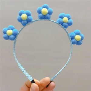 Serre-tête tournesol en peluche bleu macaron avec pompons de fleurs doux pour les fêtes