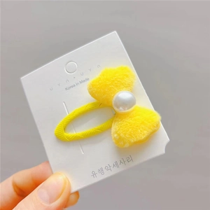 Barrette à cheveux nœud en peluche jaune pour filles avec perle sur carte de support