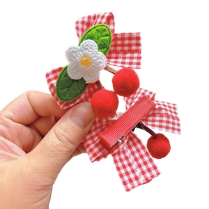Lolita plaid bow hair clip with crochet flower and cherry pom-poms for girls