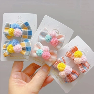 Fermagli per Capelli a Fiocco Scozzese per Bambini Stile Coreano Mollette in Tessuto con Pompon Colorati Accessori Capelli Bimba
