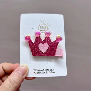 Sparkly pink crown hair clip for girls with glitter hearts and handmade resin beads