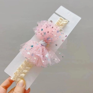 Rosa-beige Baby-Stirnband mit Netzschleife, Spitzen-Details und Stern-Pailletten für Fotos