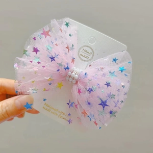 Barrette à cheveux nœud en tulle rose avec étoiles colorées et perle pour filles