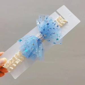 Details zum blauen Netz-Stirnband mit silbernen Sternen und Perle für Baby-Mädchen