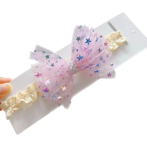 Rosa Tüllschleife Baby Stirnband mit Paillettensternen und Perlen auf Spitzenband