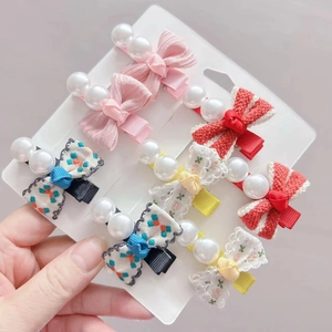 Korean Children Bow Artificial Pearl Hair Clips Set Floral Lace Ribbon Sweet Hairpins For Girls Daily Party Hair Accessories