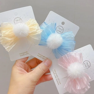 Pinza para el Pelo con Lazo de Malla Plisada con Pompon de Piel Artificial para Niñas Hecho a Mano Horquillas Accesorios