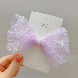 Pince à cheveux nœud en tulle violet pour filles avec paillettes et perles