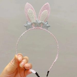 Pink rabbit ear headband with shiny glitter and silver stars for girls princess hair accessories