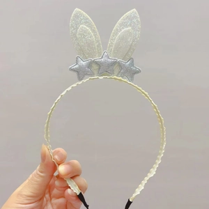 Cute bunny ears headband for girls with white glitter stars and soft woven fabric wrap