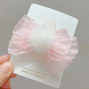 Lazo de pelo rosa de organza con pompón de pelo blanco para niñas accesorio moda